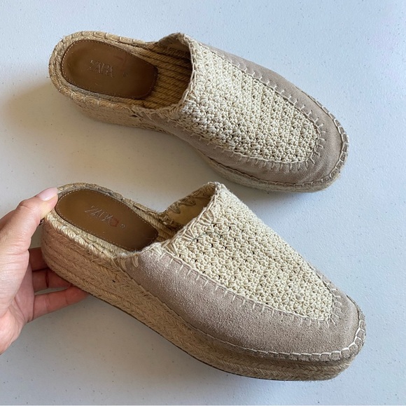 Zara Size 40 Nude Beige Jute Espadrille Square Astor Slip-on Platform Mule Flat - Picture 1 of 7